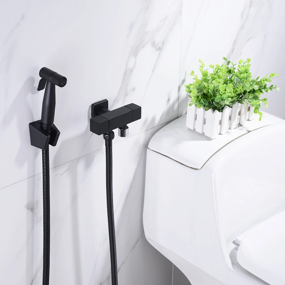 BANGPU Black Handheld Bidet Toilet Sprayer Solid Brass Single Cold Water Corner Valve Bidet Faucets Square Hand Shower Head Tap