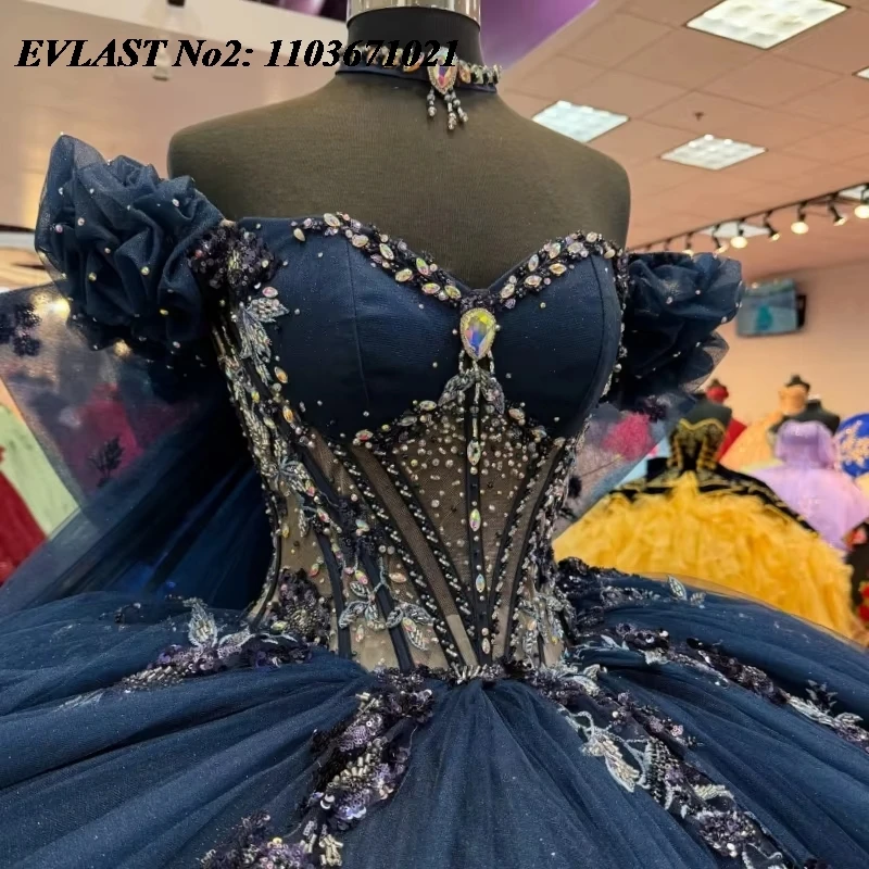 Фото EVLAST индивидуальное темно-синее платье принцессы Quinceanera, бальное платье с цветочной аппликацией и бантом из бисера, Sweet 16, Vestidos De 15 Anos E2QA05 №3