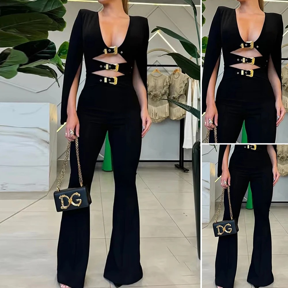 Mia Muse Boutique Летние модные комбинезоны для взрослых Vibe с вырезом и длинными рукавами с v-образным вырезом Полная длина Формальные комбинезоны для женщин