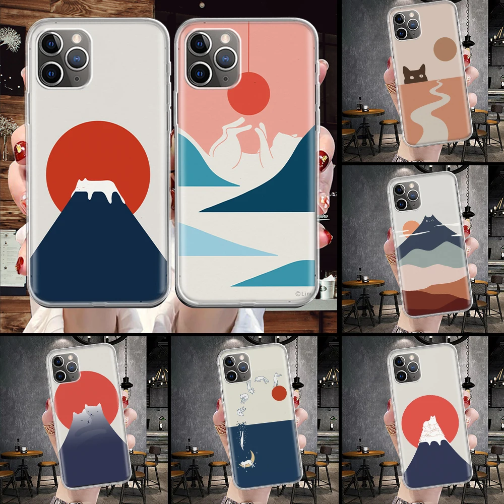 Мягкий чехол для телефона Art Cat Mount Fuji Japan для iPhone 11 13 16 Pro MAX 15 + 14 Plus 12 Mini 16E X XS Apple 8 7 SE Fundas Coque