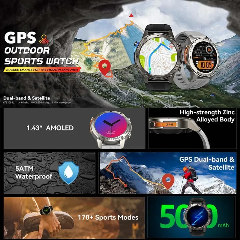 Фото 2024 Новинка для Huawei GPS Смарт-часы для мужчин 1,43 дюйма AMOLED Bluetooth Компас для вызова 5 АТМ Водонепроницаемый аккумулятор 500 мАч Спортивные умные часы №2