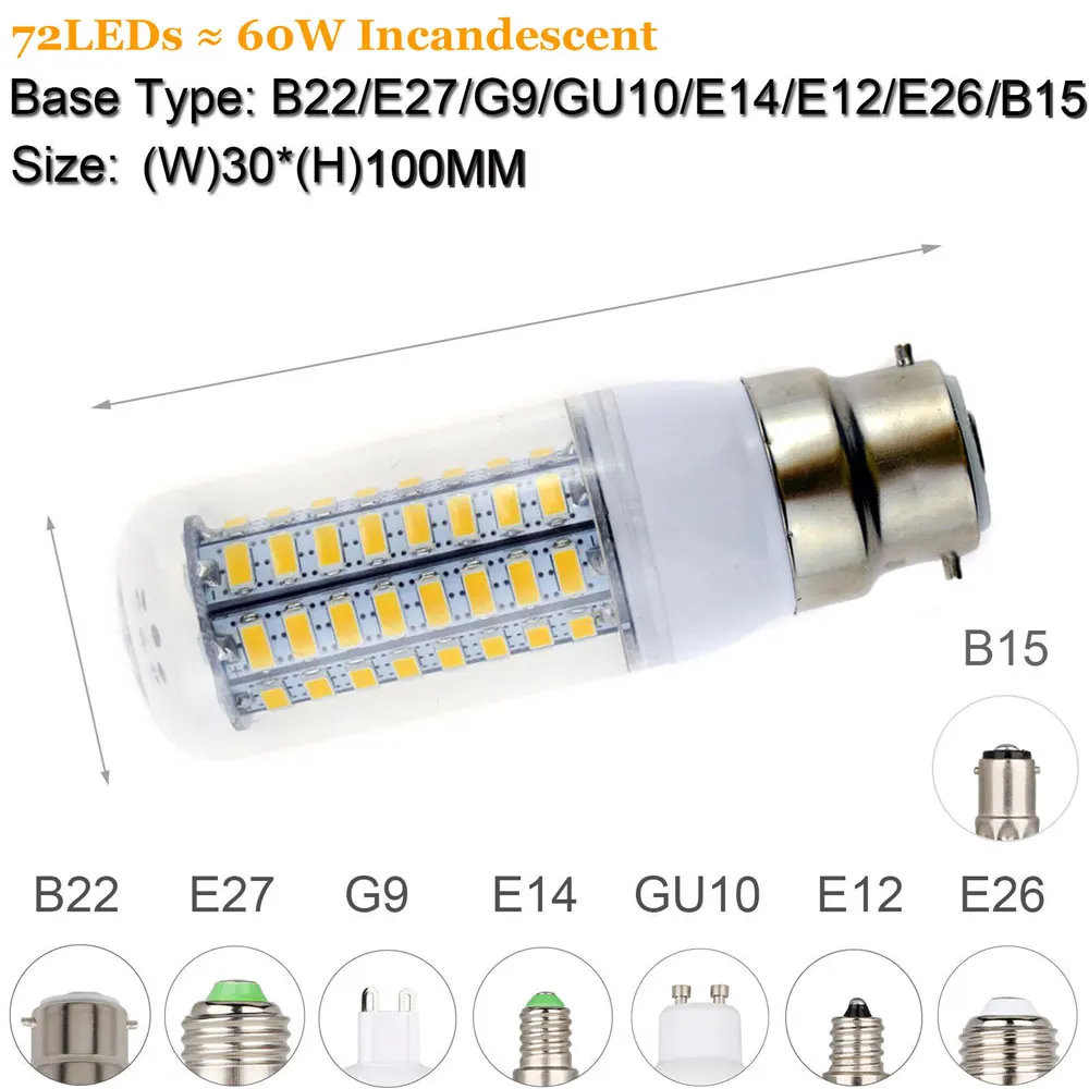 Фото 10X светодиодные кукурузные лампы 5730 Smd 260V 220V 240V светодиодные лампы E27 домашней техники E14 5000K Gu10 дневный свет E12 B22 базы G9 теплый белый №2