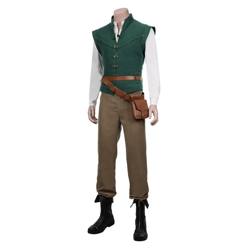 Фото Костюмы для косплея Flynn Rider, наряд для взрослых, куртка, рубашка, жилет, брюки, поясная сумка, полный комплект, костюм для вечеринки в стиле комиксов на Хэллоуин, подарок №3