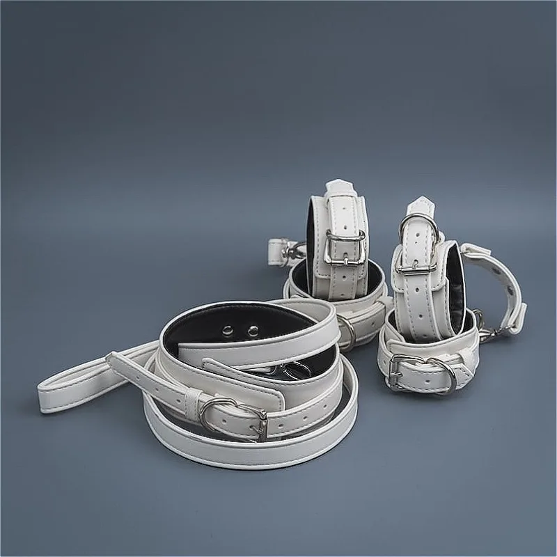 White Bondage Set Restraints Kit Leather Bondage Handcuffs Ankle Cuffs Collar and Leash Gear Kit Padded Adjustable Collar Bdsm