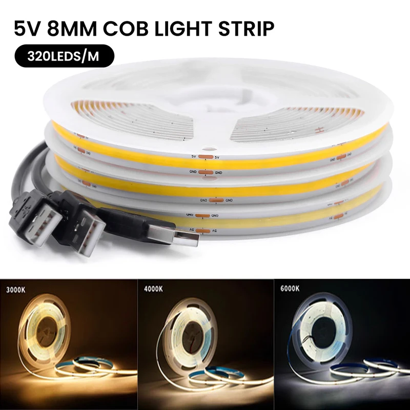 5 В USB COB светодиодная лента 320 светодиодов/м 8 мм белый/красный/зеленый/розовый/голубой ледяной/желтый гибкая лента ночник подсветка телевизора декор комнаты Светодиодная подсветка