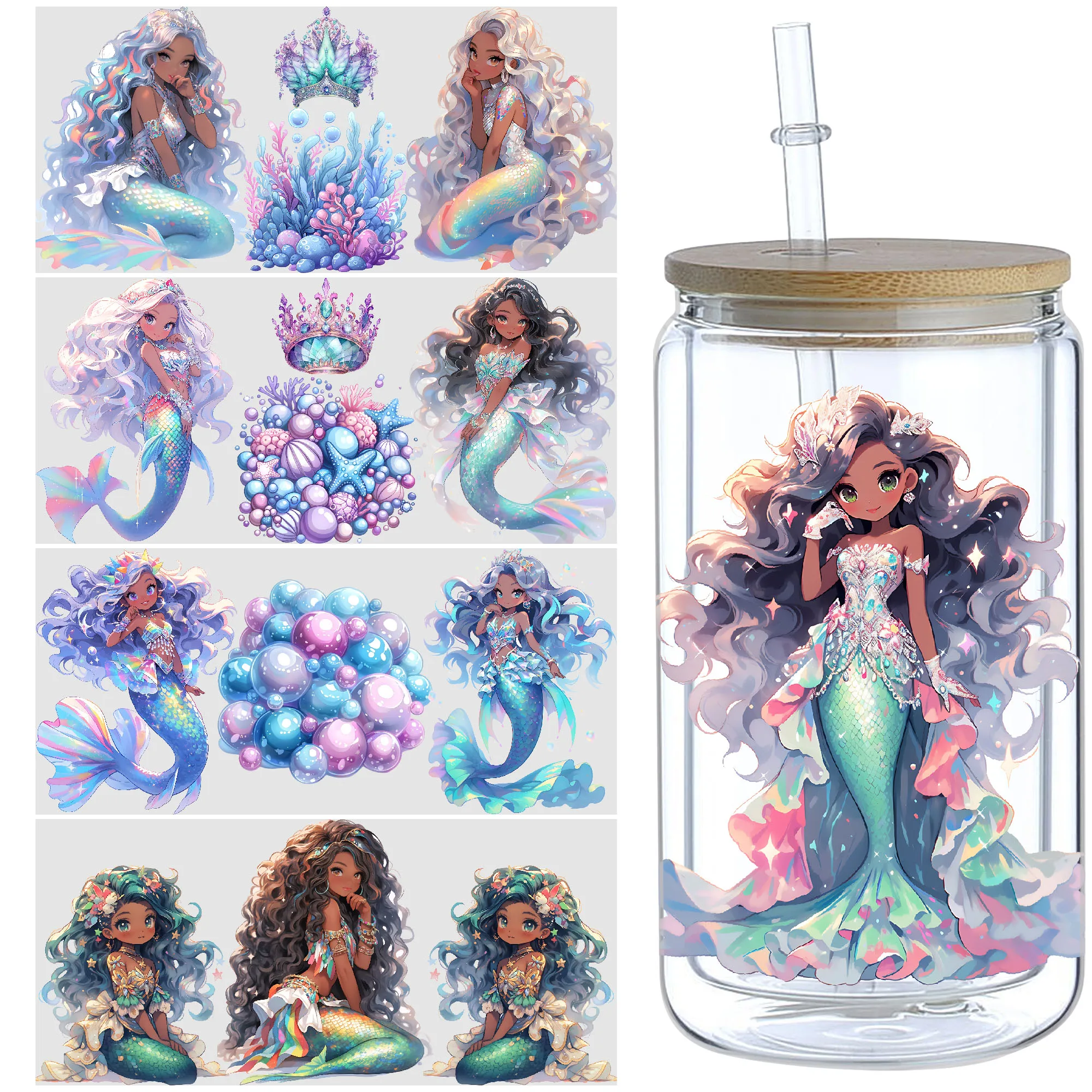 5 листов Русалка UV DTF Cup Sleeve 16 унций, Transfer Glass с рукавом для чашки, водонепроницаемая наклейка для бутылки с водой, наклейка для переноса трения