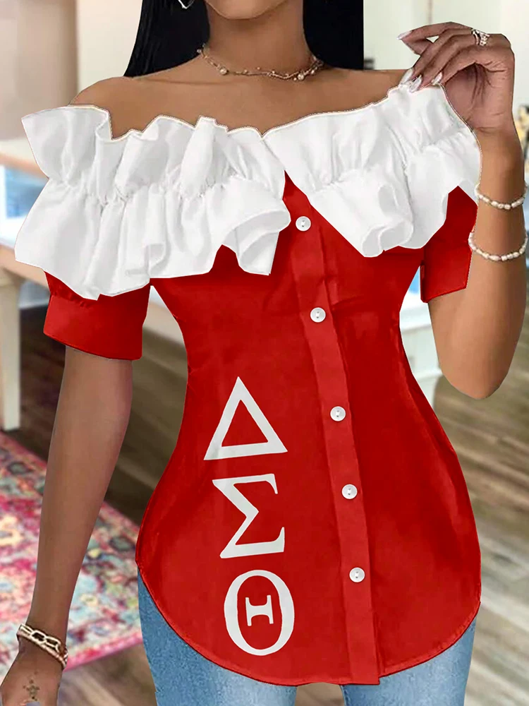 Рубашка с открытыми плечами и рюшами Delta Sigma Theta Sorority