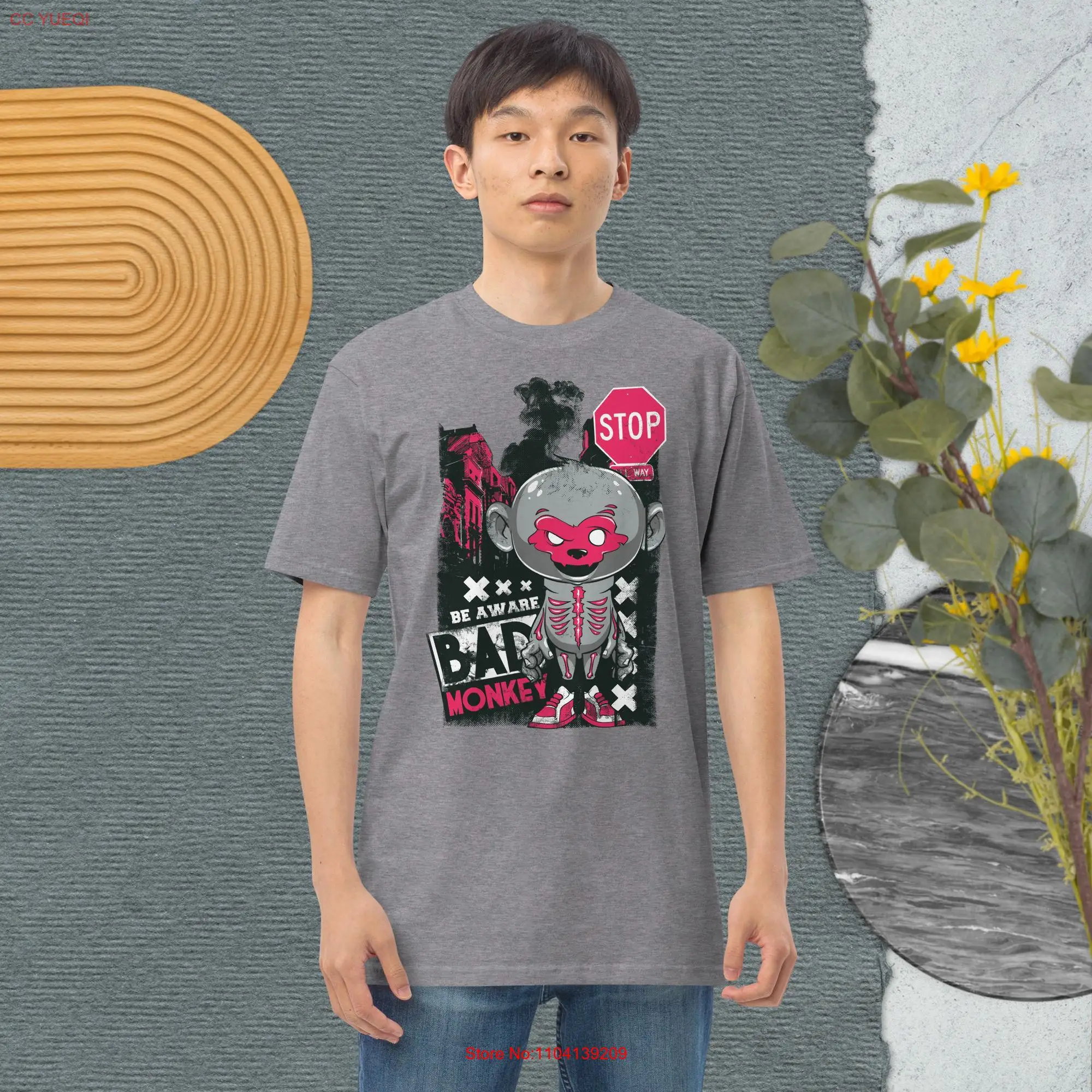 Men s premium heavyweight tee be aware bad monkey long or short sleeves
