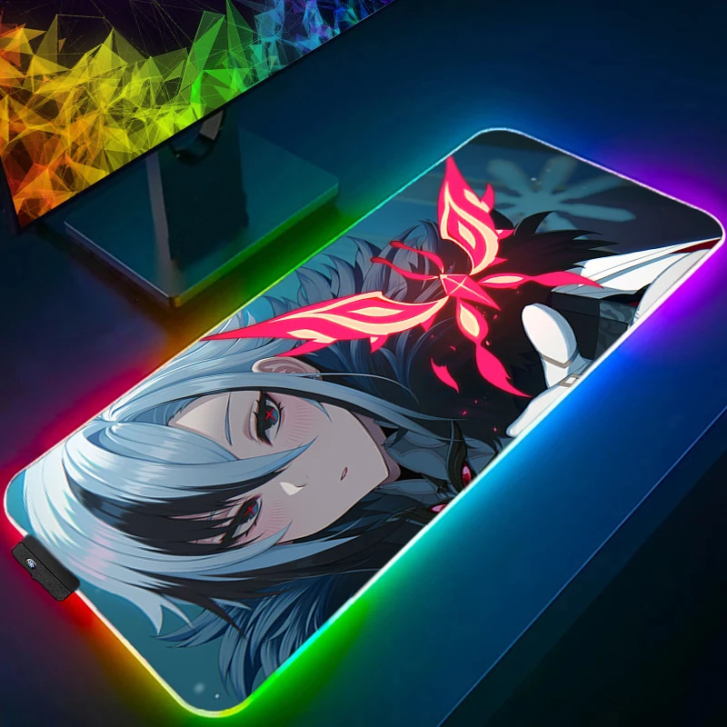 Коврик для мыши RGB Аниме Игровые аксессуары Коврик для мыши Геймер ПК Светодиодный компьютер Genshin Impact Arlecchino Коврик для клавиатуры HD Настольный коврик Varmilo