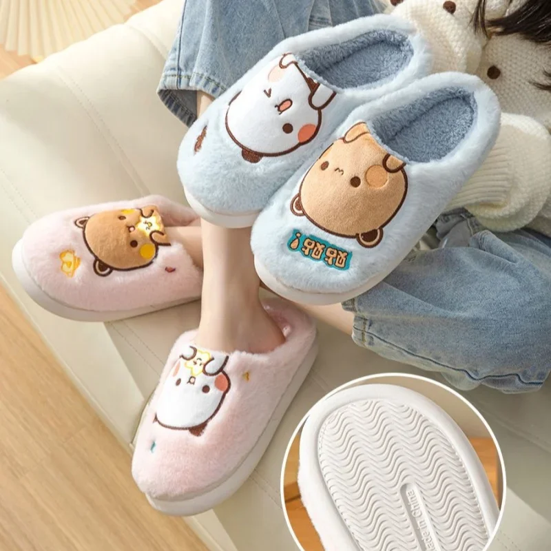 Плюшевые тапочки с медведем Bubu Dudu, аниме, тапочки для пар с героями мультфильмов, зимние домашние уличные нескользящие хлопковые туфли на толстой подошве, теплая