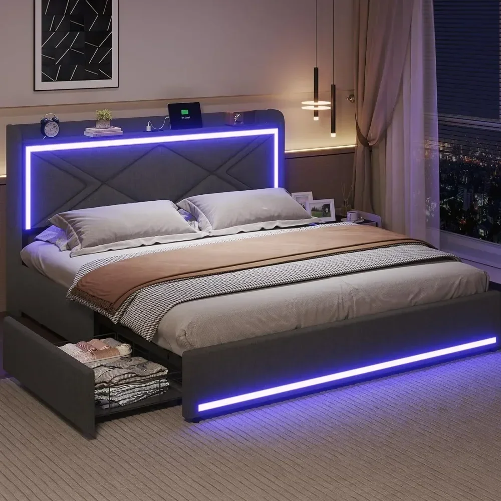 Лидер продаж, полноразмерный каркас кровати со светодиодной подсветкой RGB, изголовьем и зарядной станцией USB-C/A, сверхмощные стальные рейки