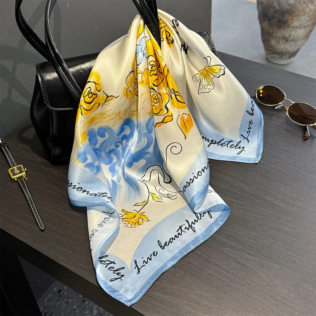 Фото Foulard Carre 100% Naturel Pour Femme, Foulard Bandana, Foulards Floraux Pour Cheveux, Sac De Printemps, Cravates 53 см №4