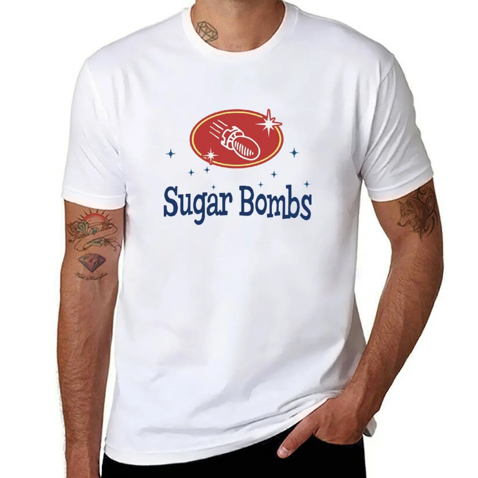 Футболка с логотипом Sugar Bombs (синий и красный), мужские футболки, комплект из хлопка, забавные футболки с темным юмором, футболка