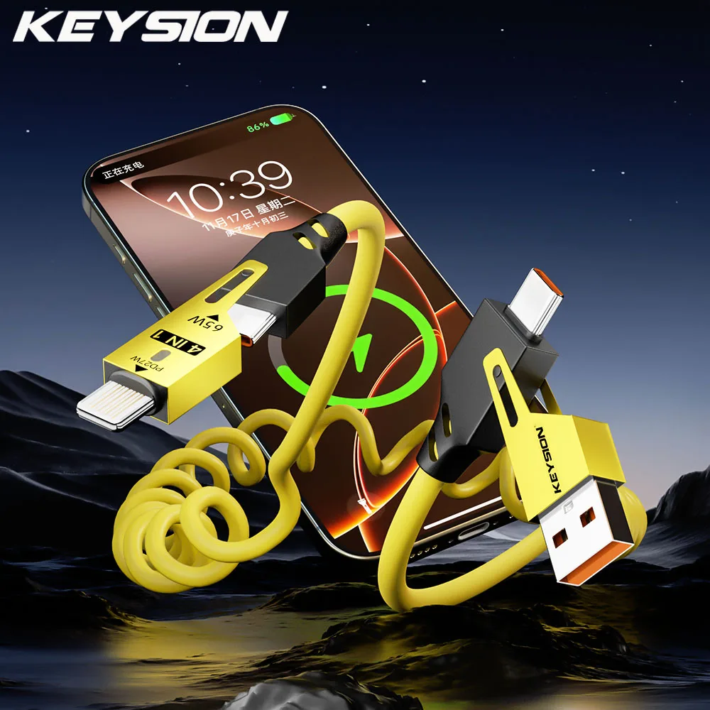 KEYSION 65 Вт 4 в 1 Кабель для быстрой зарядки USB Тип C Пружинный кабель Шнур для быстрой зарядки данных для iPhone Samsung Xiaomi Телефон USB-кабель