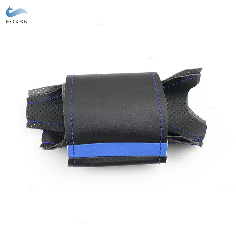 Фото Кожаный чехол на руль автомобиля для Renault Clio 3 RS 2005 2006 2007 2008 2009 2010 2011 2012, декоративный черный с синей полосой №2