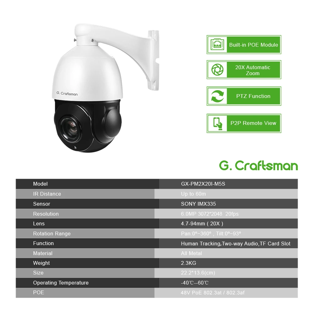 Фото Купол XMEYE 6.0MP POE 20X PTZ SONY335 человеческий оптический зум ИК 60 м CCTV безопасность G.Craftsman №2