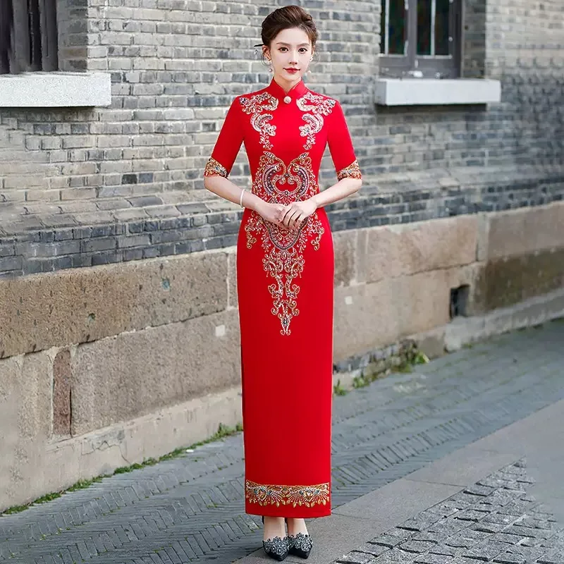Женское древнее традиционное Вьетнамское платье Cheongsam с восточной цветочной вышивкой, вечернее платье для свадебных вечеринок Этническая одежда