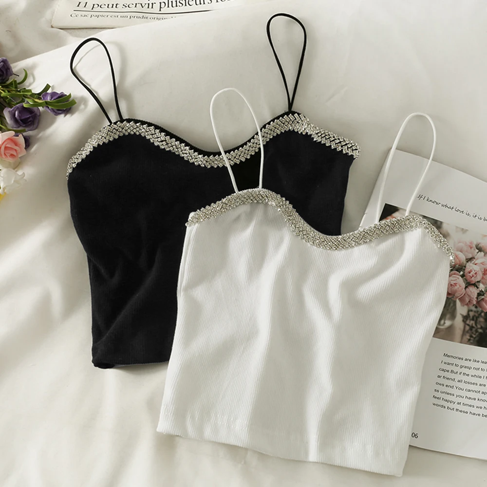 Spaghetti Strap Tank Tops Woman Camis for Women Sexy Crop Tops Sequins Korea Fashion Tee