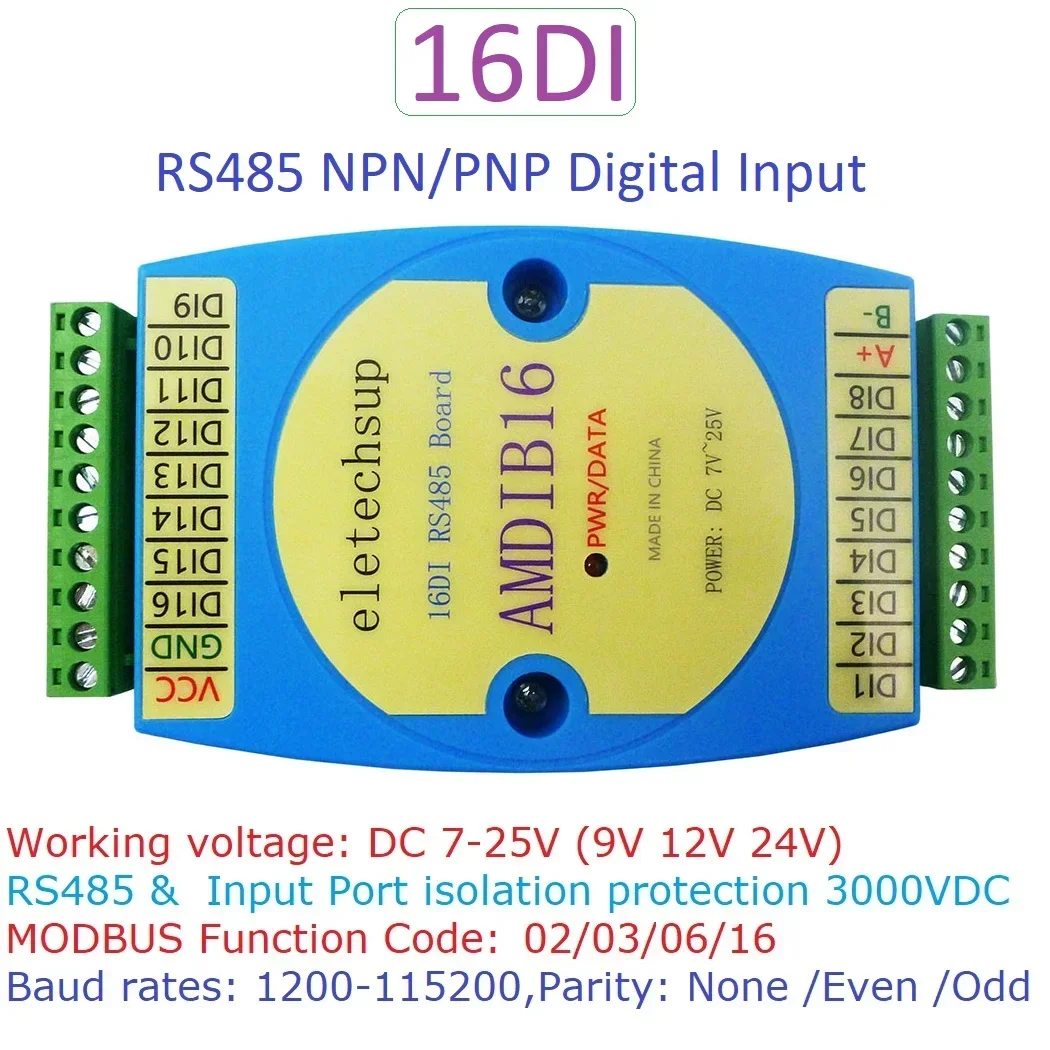 AMDIB16 16DI DC 12 В 24 В NPN PNP Модуль цифрового ввода RS485 Изолированная связь MODBUS RTU Плата расширения ПЛК