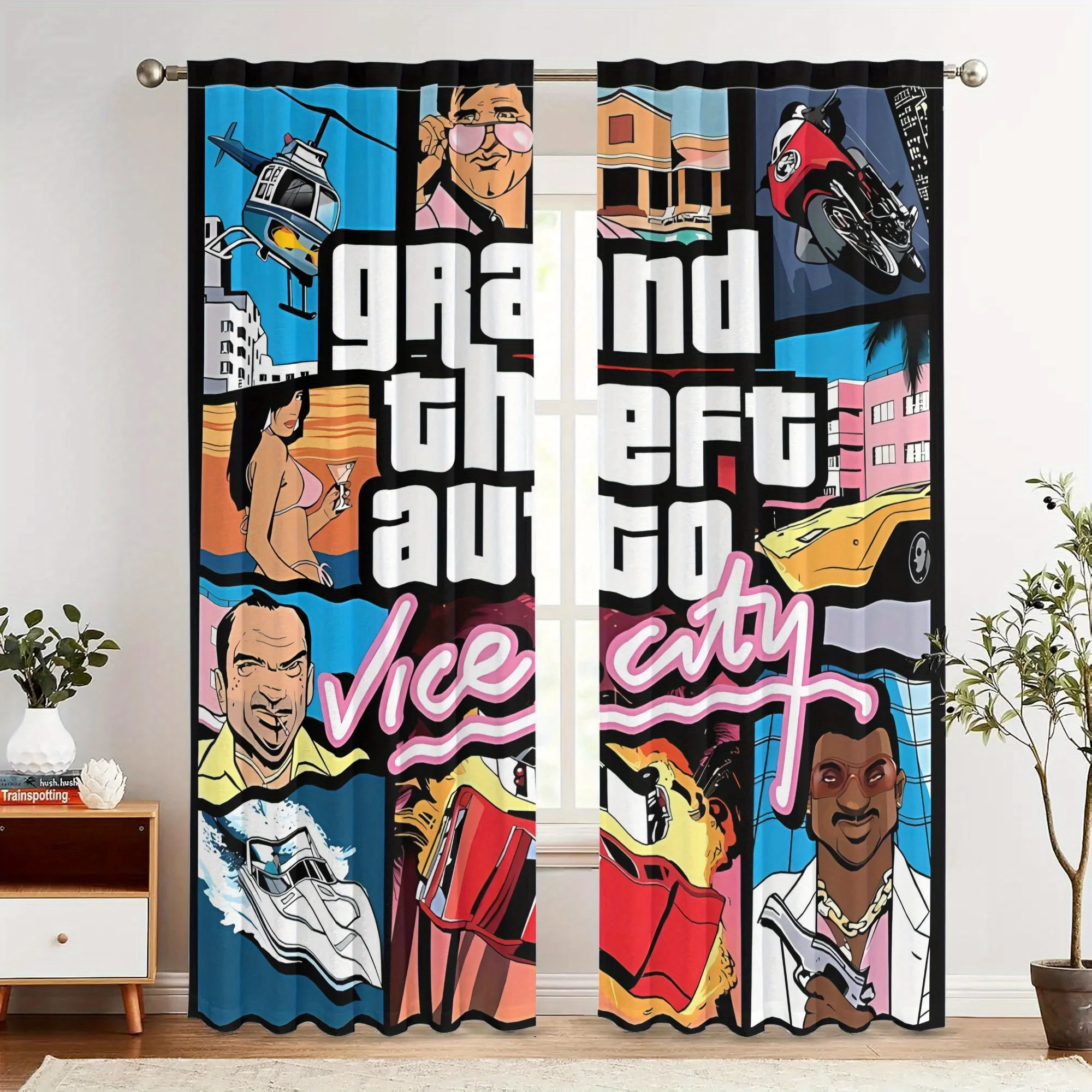 Затемняющие шторы GTA Vice City в стиле ретро с игровой тематикой — карманные шторы из полиэстера, которые можно стирать в машине, с яркой игрой Artwo