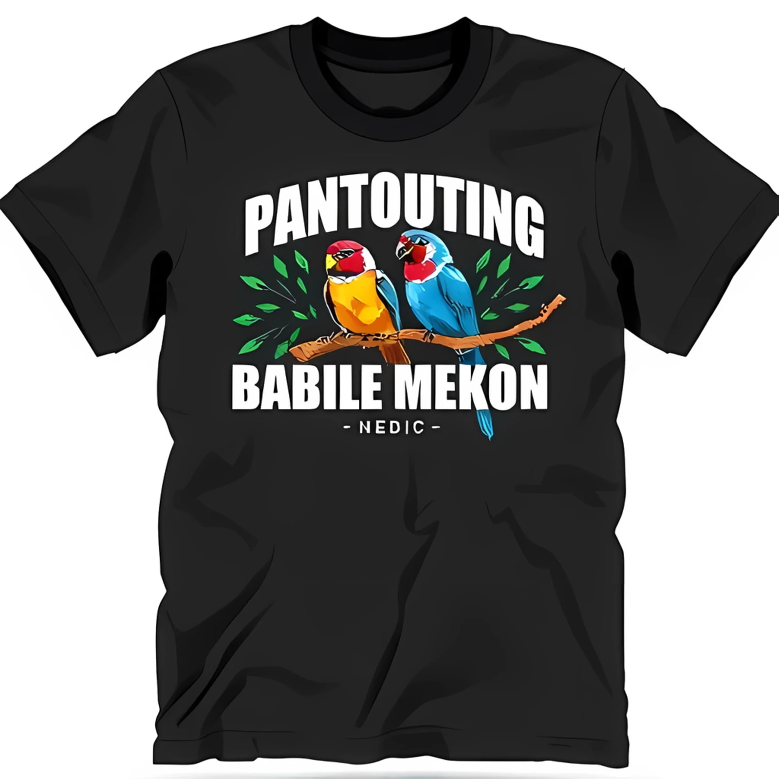Черная футболка с дизайном белых попугаев и «Pantouting Babile Mekon Nedic»