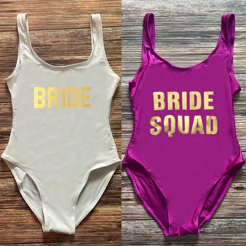 Фото S-3XL BRIDE SQUAD цельный купальник невесты женский летний купальный костюм сексуальная пляжная одежда для мальчишника купальный костюм для девочек №4