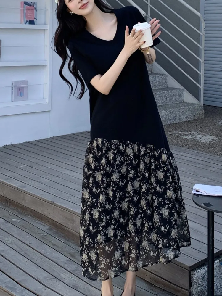 Фото Новое летнее корейское женское платье Vestidos Robe Elbise, свободное платье больших размеров в стиле пэчворк, две искусственные детали, длинное платье с короткими рукавами №2