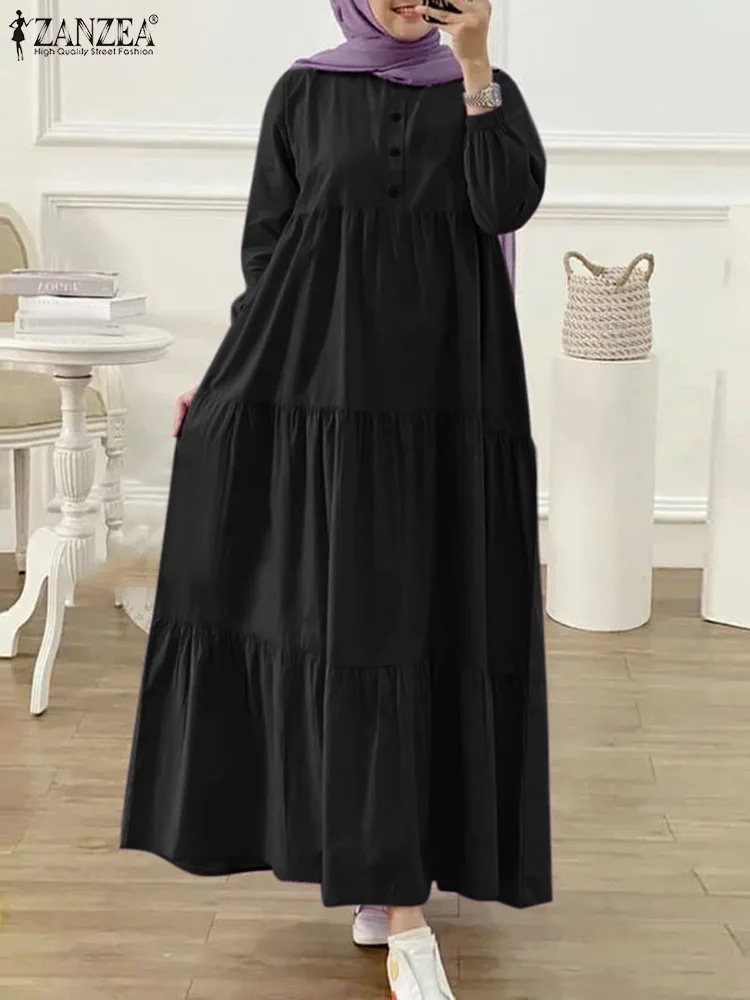 Фото Платье ZANZEA Eid Mubarek, мусульманская абайя, женское длинное платье, модное однотонное платье с длинным рукавом, яркое платье, сарафан, мусульманская одежда №5
