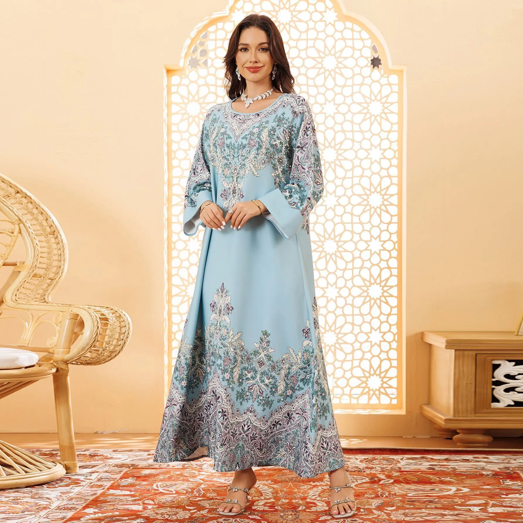 Фото AB325 long robe Muslim jalabiya pullover print positioning flower rhinestone women's dress №3