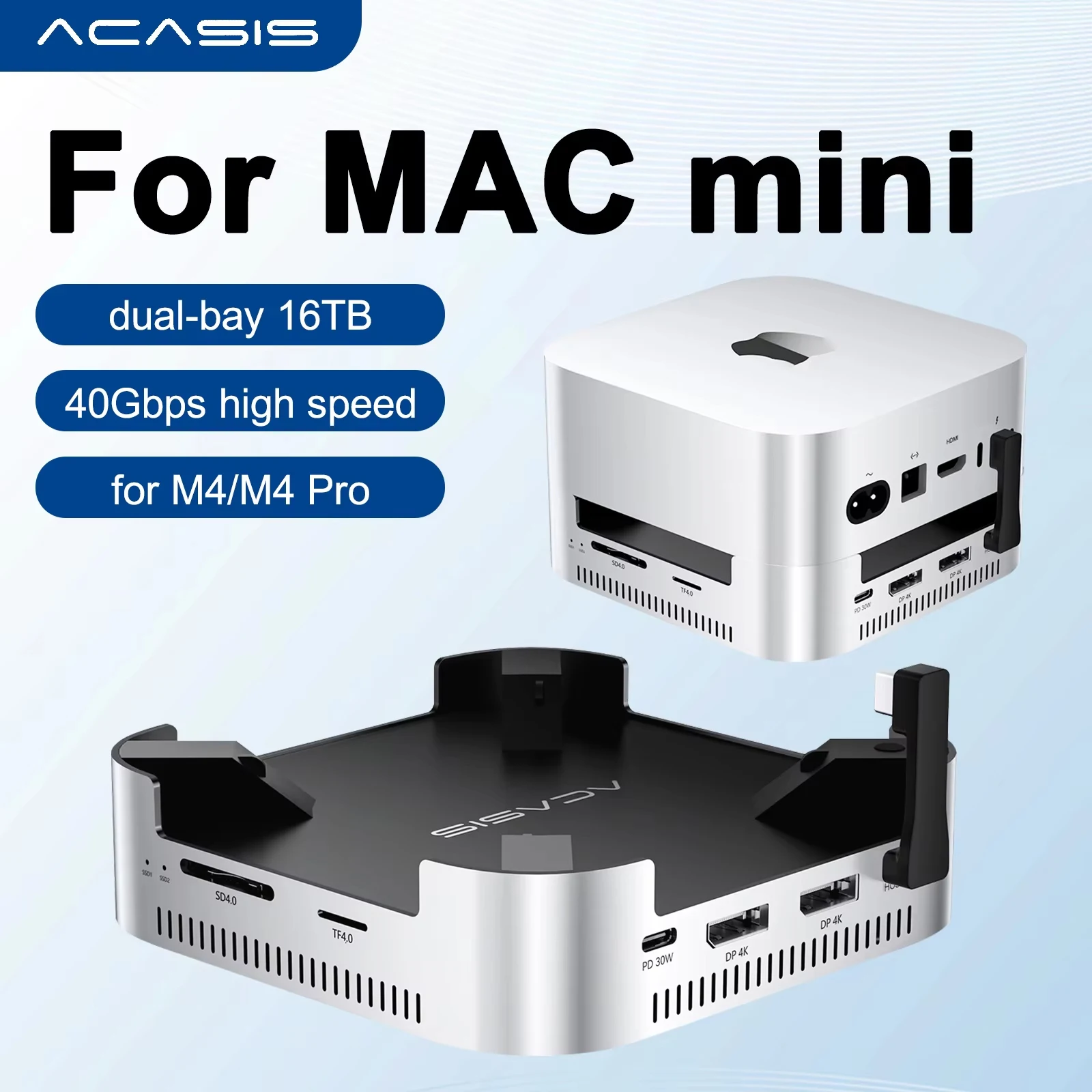 Док-станция Acasis USB C с двумя отсеками M.2 SSD NVMe Enclosure NVME M.2 SSD Case PD 30W HDMI 4K/144HZ M4 для Mac Mini M4 Pro