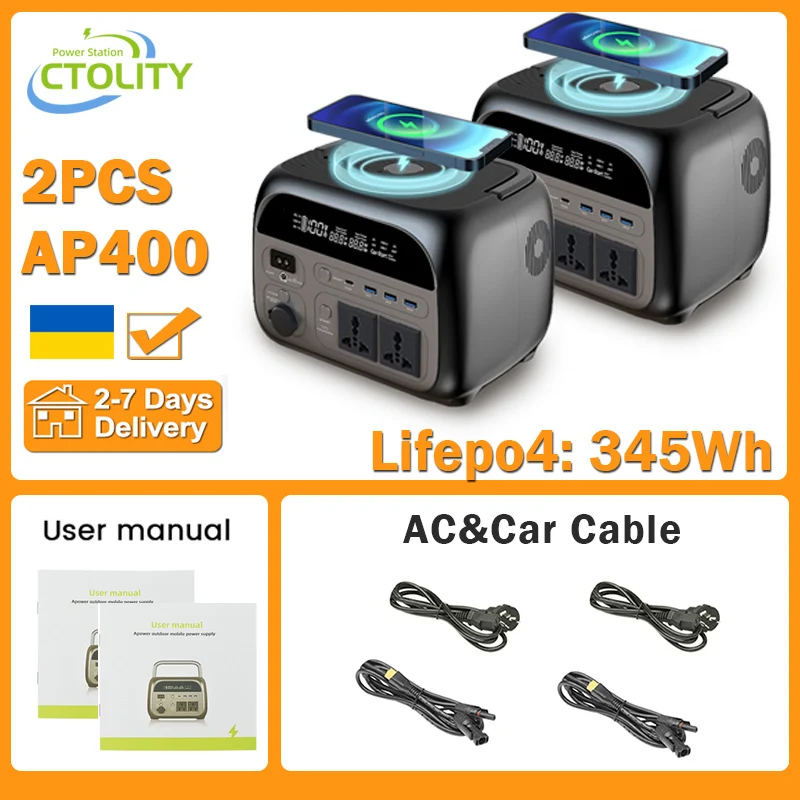 Портативная электростанция CTOLITY 500 Вт, 345,6 Втч, солнечный генератор LiFePo4, батареи переменного тока, 220 В, источник питания для хранения энергии, кемпинга, 2 шт., AP400 Кемпинг и походы
