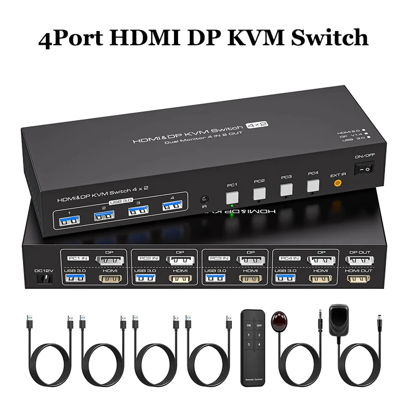 Двойной HDMI DP KVM переключатель 2 монитора 4 компьютера, 4K @ 60 Гц 2K @ 120 Гц двойной Displayport USB 3,0 переключатель для 4 ПК поделиться клавиатуры мыши