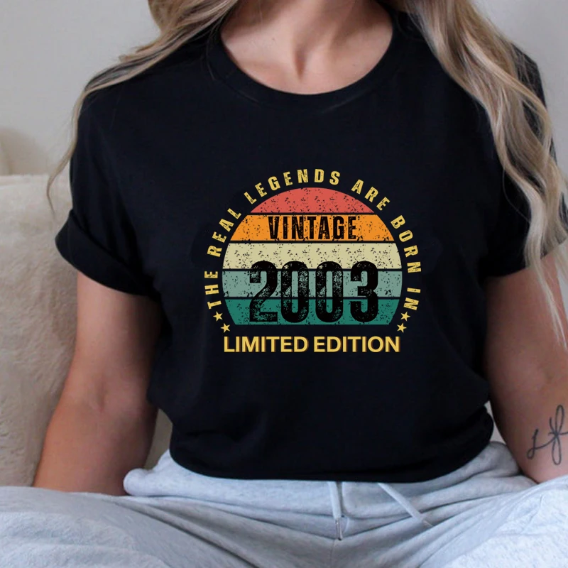Фото Хлопковые винтажные женские футболки The Real Legends Are Born in 2003. Ограниченная серия. Футболка на день рождения для 22–22 лет. Винтажные топы. №5