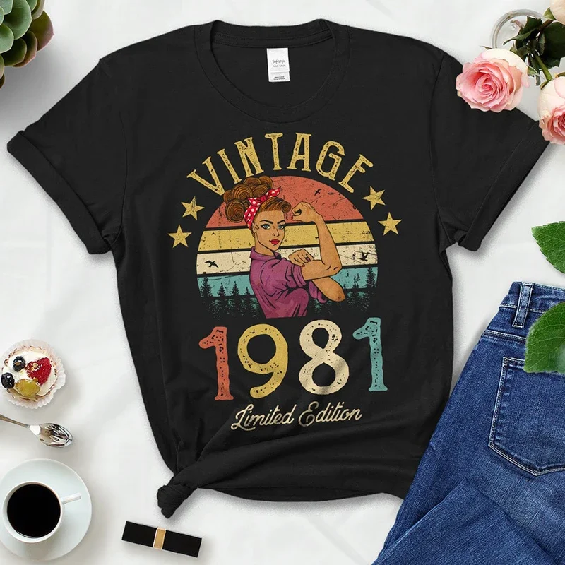Женская Винтажная футболка в стиле ретро, модель 1981 года, ограниченный выпуск, летний модный наряд, женская футболка, костюм на день рождения 43rd, 43 года