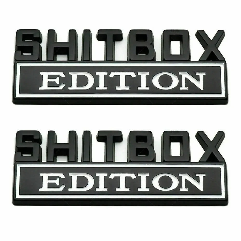 2 шт., белый, черный SHITBOX EDITION, эмблема с логотипом, крыло автомобиля, дверь багажника, значок, универсальные автомобильные наклейки и наклейки, аксессуары