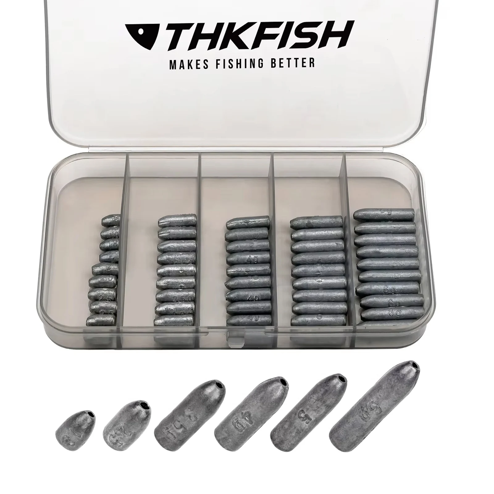 THKFISH 50 шт. комплект свинцовых грузила для техасских оснащений 1,8 г 2,5 г 3,5 г 4 г 5 г 6 г грузила для рыбалки набор грузил для окуня, форели, щуки