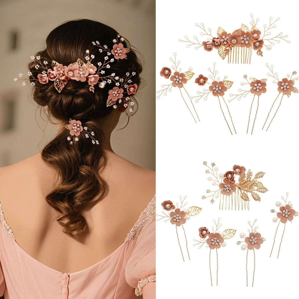QYY Mori Sweet Flower Свадебный набор заколок для волос Красивая расческа для волос с розовым листом Свадебные украшения Шпилька с жемчугом ручной работы в подарок Свадебные аксессуары