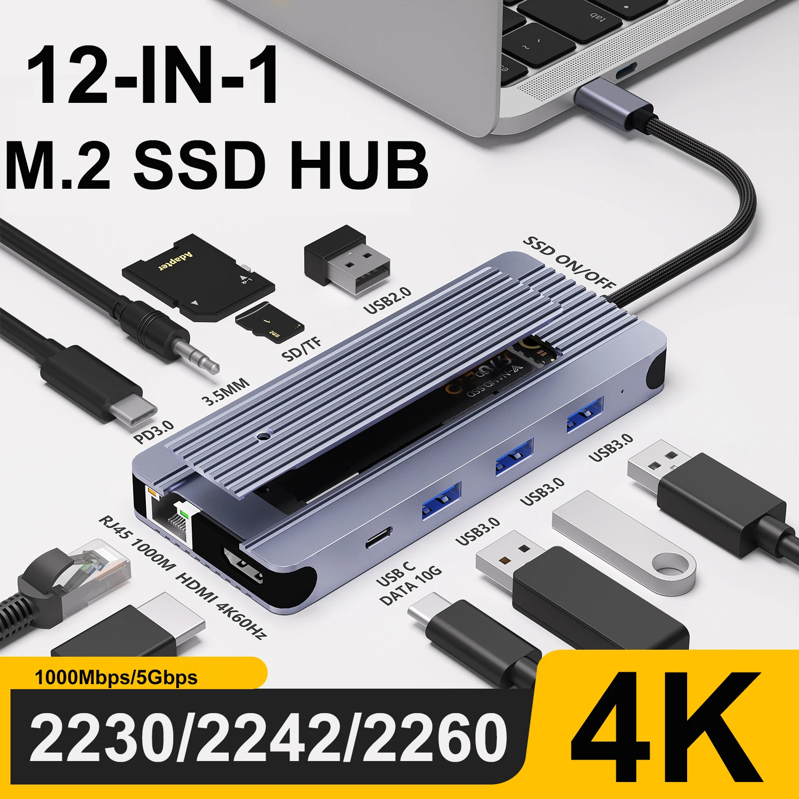 Док-станция 12 в 1 для SSD-накопителей, 4K 60 Гц, 1000 Мбит/с ,12-in-1 M.2 SSD Enclosure Docking Station USB C HUB TYPE C to HDMI Adapter 4K60Hz 1000Mbps PD100W USB3.0 5Gbps For Macbook Pro