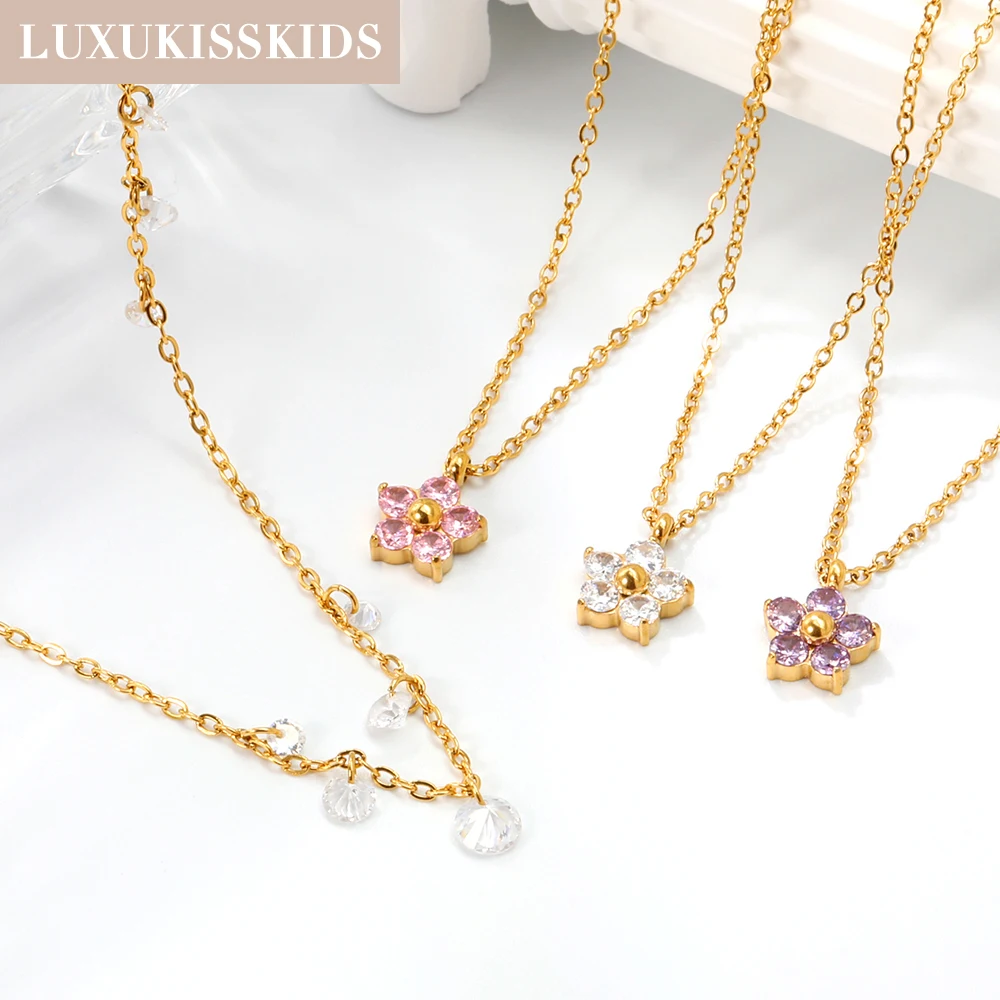 LUXUKISSKIDS D ​ Эinty розовый фиолетовый белый кубический цирконий цветок кулон ожерелье романтические водонепроницаемые ювелирные изделия из нержавеющей стали подарки