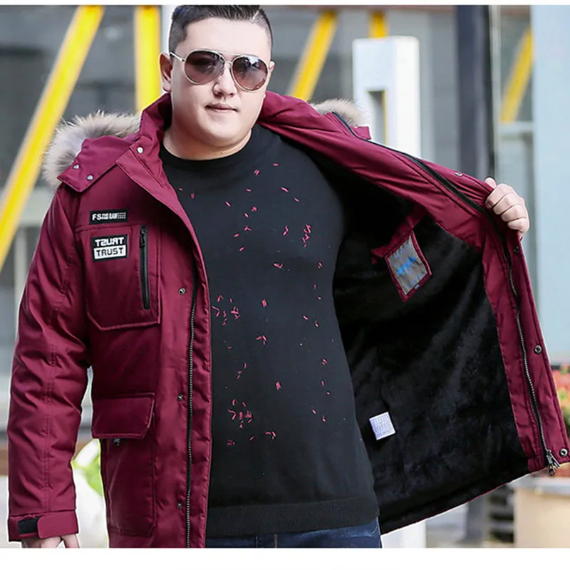 Фото Зимние теплые длинные пуховики, Мужское пальто, армейский зеленый 10XL 8XL 7XL, меховой воротник, толстая белая утка, с капюшоном, зимние парки №5