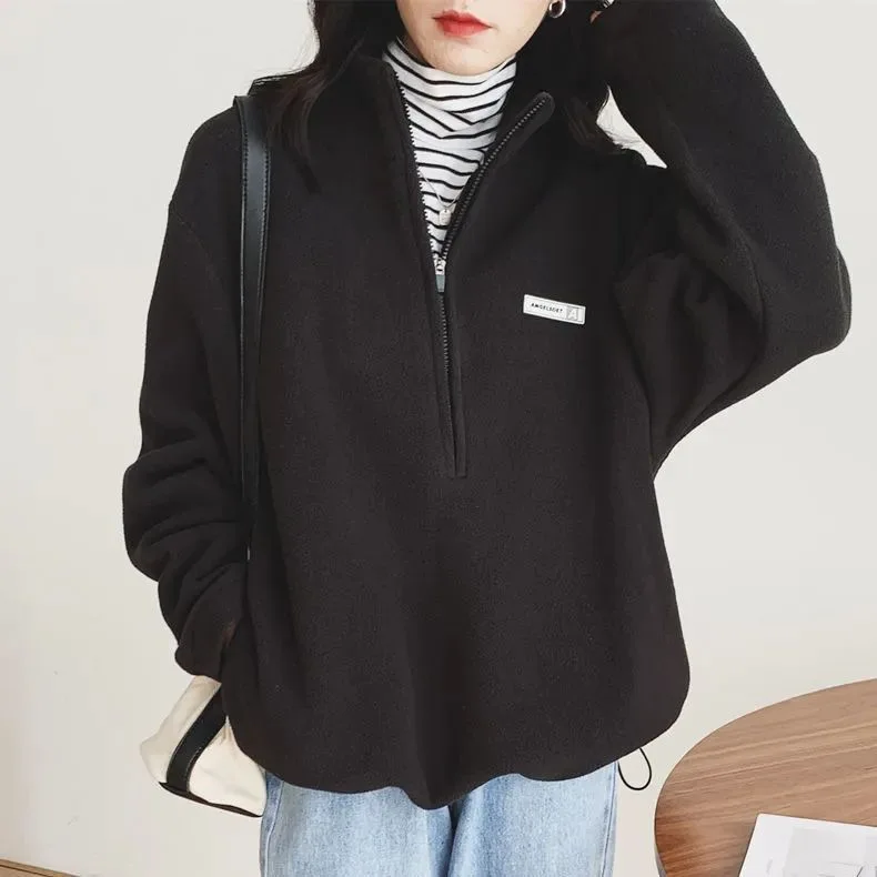 Корейские флисовые толстовки, женские повседневные толстовки Kpop Fashion Plus, бархатный свитшот, топ, осень-зима, теплый пуловер на молнии Толстовки и свитшоты