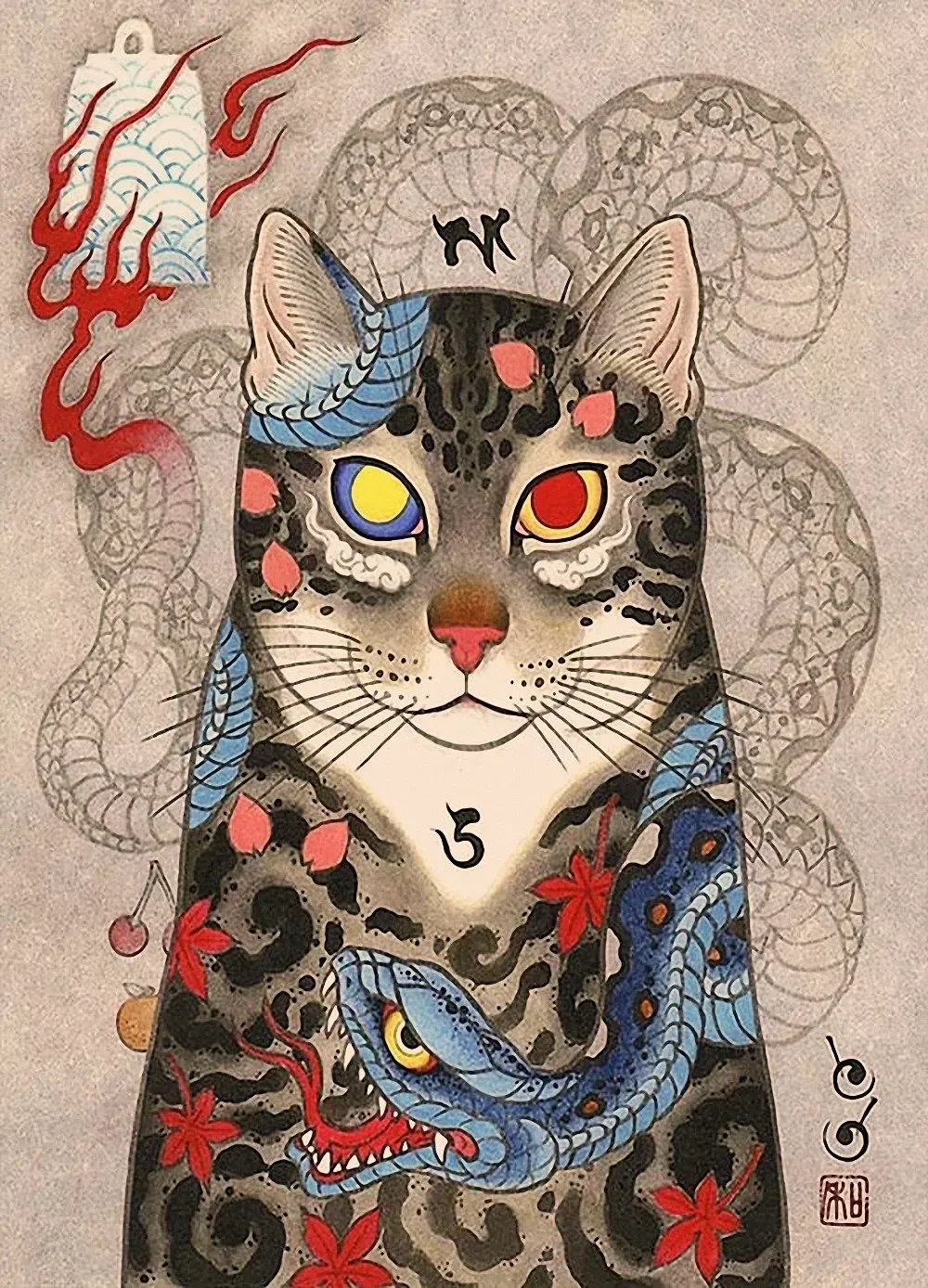 Самурайский кот Ukiyo-e Art Works Ретро татуировка плакат обои винтажная матовая крафт-бумага печать живопись настенная наклейка домашний декор 5