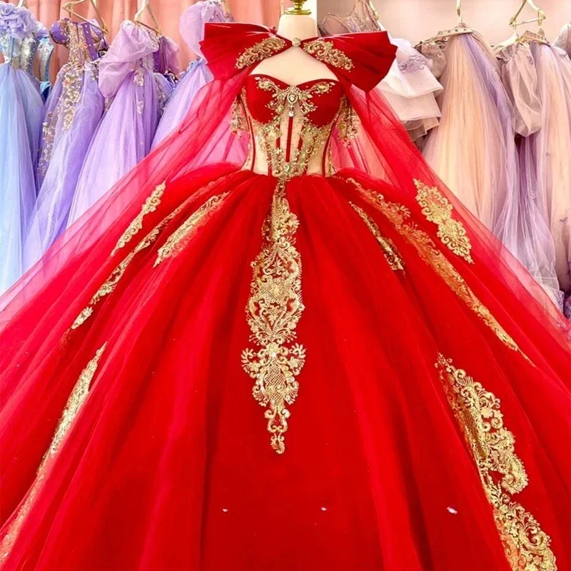 ANGELSBRIDEP Красные платья Quinceanera с накидкой, золотой аппликацией, кружевом и бисером, Vestidos De 15 лет, Quinceañera XV, индивидуальный заказ