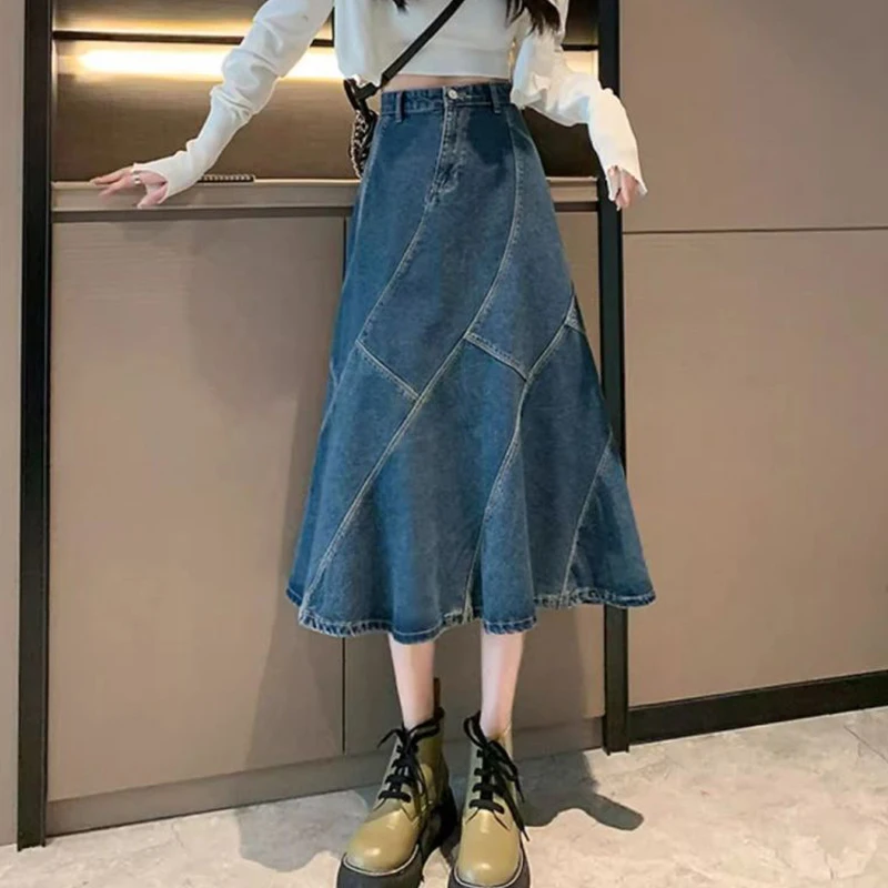 Фото Y2K Harajuku Синяя джинсовая юбка Женская асимметричная юбка с высокой талией и хвостом русалки Элегантная американская шикарная модная драпированная юбка трапециевидной формы №4