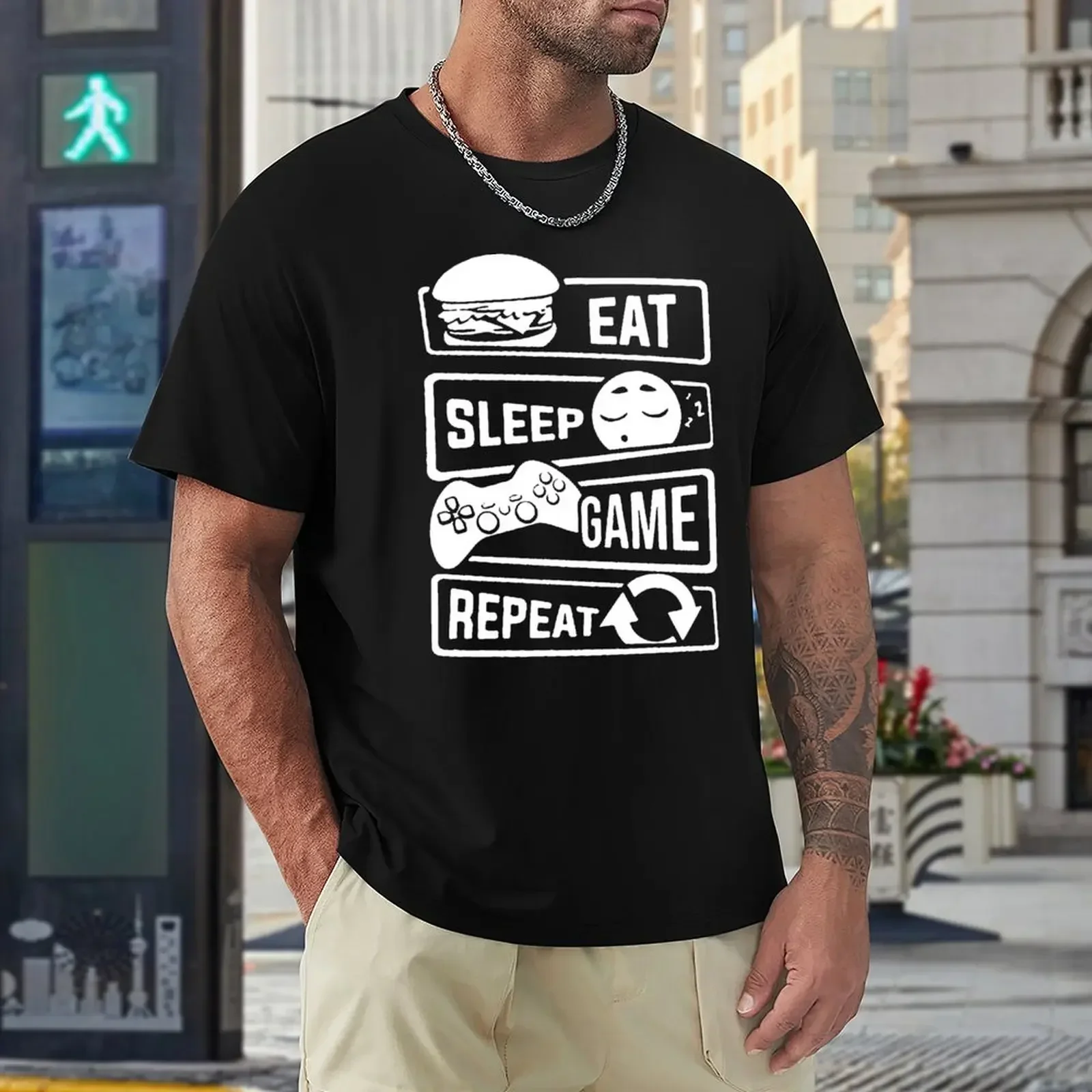 Фото Трикотажная футболка с надписью «Eat Sleep», игровой компьютерный контроллер, геймерская уличная одежда, футболка с коротким рукавом и круглым вырезом в стиле хип-хоп, мужская одежда №2