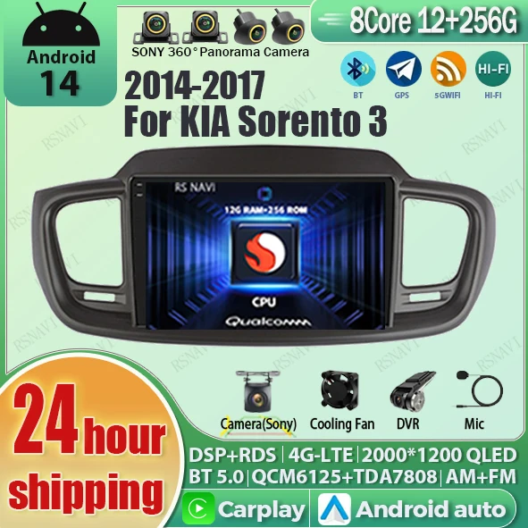 Android 14 для Kia Sorento 3 2014-2017 LHD 2K QLED Стерео Автомобильный Радио Мультимедийный Видеоплеер GPS AI Голосовой CarPlay 4G Головное Устройство BT