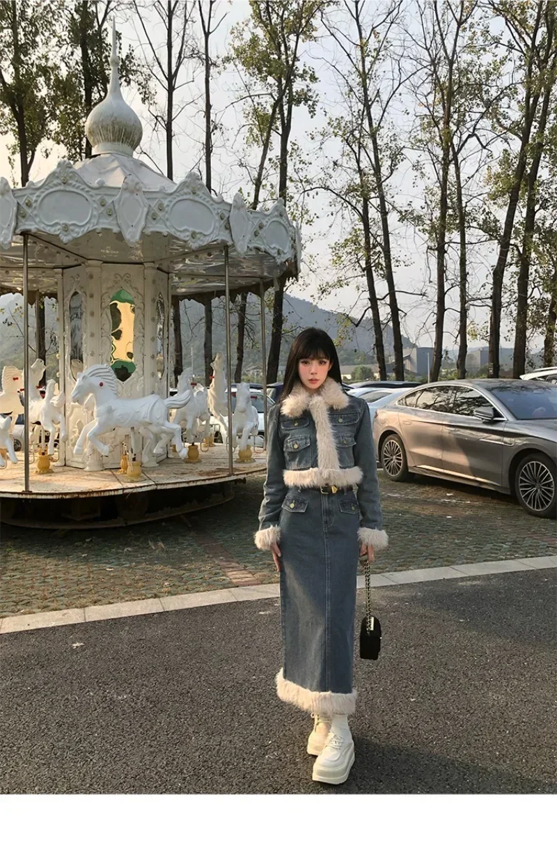 Фото Модная приталенная короткая куртка в корейском ретро-стиле для девушек, юбка до середины икры, джинсовый комплект из двух предметов, женская одежда №2