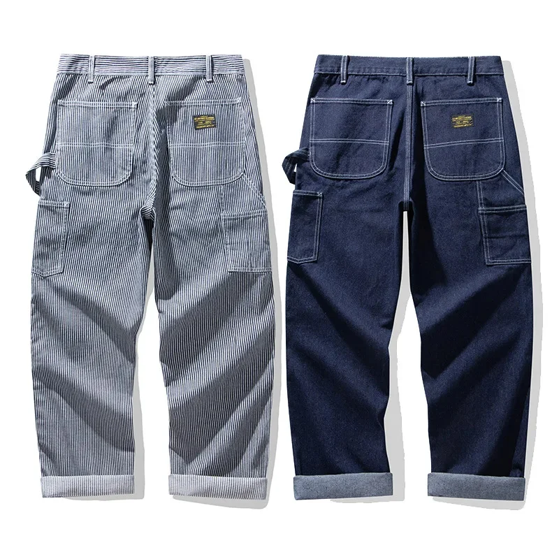 OKONKWO Raw Denim Железнодорожные рабочие брюки Ami Хаки Комбинезон в полоску с несколькими карманами Уличный повседневный комбинезон