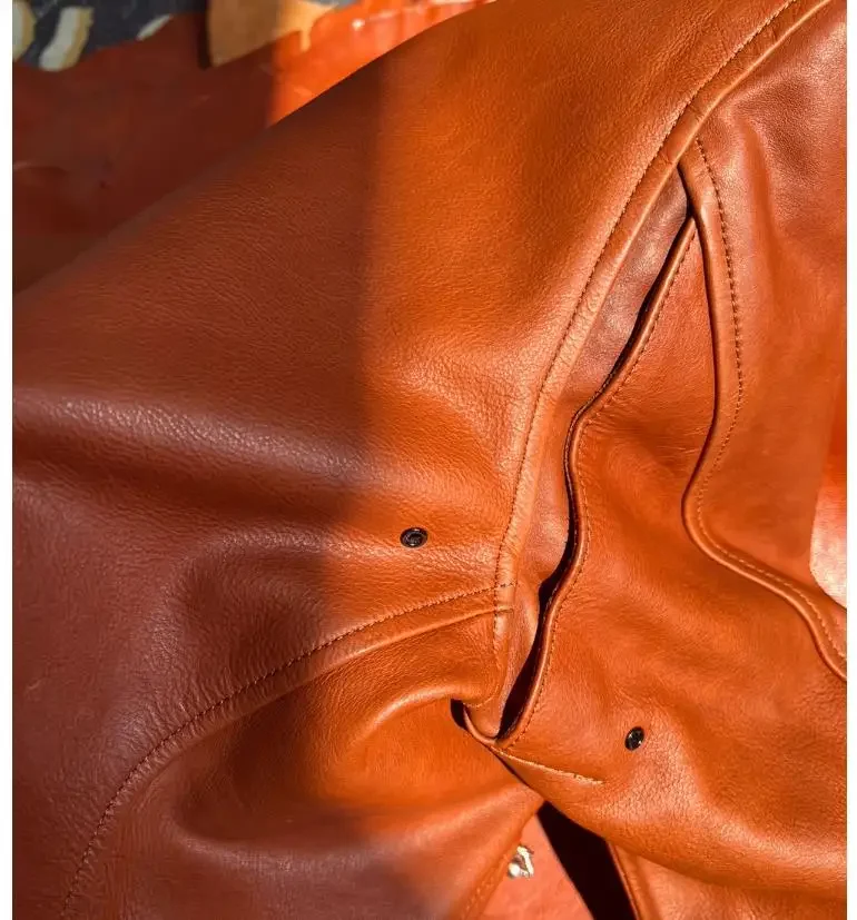 Фото LNY Shop Top.Classic Rider Cidu роскошное пальто из натуральной кожи. Винтажная оранжевая кожаная куртка 1930. Роскошная итальянская дубленая воловья ткань №5