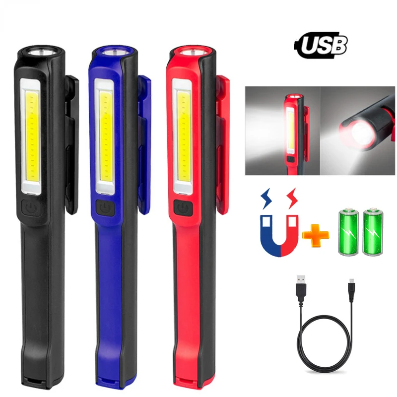 USB перезаряжаемый светодиодный + COB фонарик портативный магнитный светильник для ремонта автомобиля зажим рабочий светильник карманная ручка фонарик ручной фонарь для кемпинга